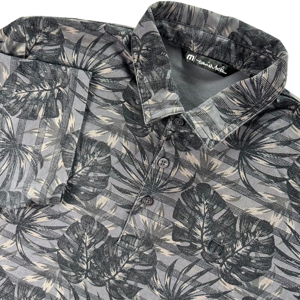 Travis Mathew Mens Gray Black Tropical Leaf Stripe Polo Shirt Size Medium Golf - Picture 2 of 11
